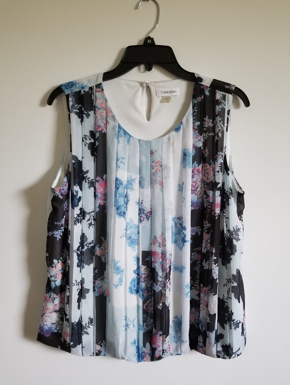 Calvin Klein Sleeveless Floral Pleated Blouse - Blue, Black, Pink